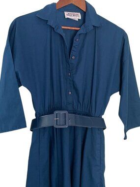 Vintage 80s The American Shirt Dress 8P 8 Petite Navy Blue Midi A Line Belted